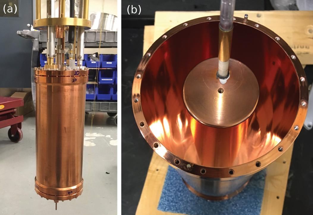 The HAYSTAC microwave cavity is a copper cylinder about 5 inches in diameter and 10 inches tall (left image). In the right image, the top endcap has been removed, revealing the highly reflective inner walls and a copper tuning rod.